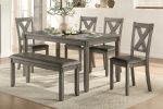 Transitional 6-Piece Dining Set Gray Finish Dining Table Bench 4x Side Chairs Upholstered Seats Wooden Dining Kitchen Furniture