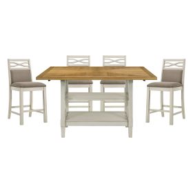 5pc Dining Set Counter Height Table Base with 2 Shelves, 4 Upholstered Counter Height Chairs Light Oak and Gray Finish Casual Country Style Dining Woo