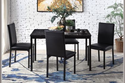 Metal Frame 5pc Dining Set Black Faux Marble Table and 4x Side Chairs Faux Leather Upholstery Casual Kitchen Furniture Set