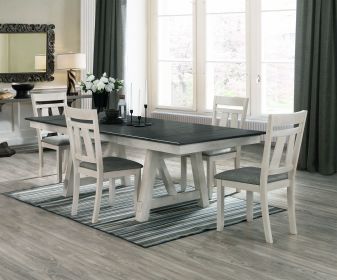 5pc Cottage Style Extendable Dining Table Set Chalk Gray Tow Tone Finish Upholstered Chair Dining Room Wooden Furniture Two Self-Storing Refectory Lea