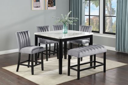 6-Piece Contemporary Counter Height Dining Set Square Faux Marble Table Tope Black Finish Upholstered Chairs Bench Channel Tufting Wooden Solid Wood D