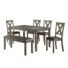 Transitional 6-Piece Dining Set Gray Finish Dining Table Bench 4x Side Chairs Upholstered Seats Wooden Dining Kitchen Furniture