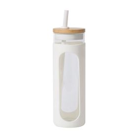 Glass Water Tumble Straw Silicone Bamboo Lids Iced Coffee Cup Bottle Reusable (Capacity: 590ML, Color: White)