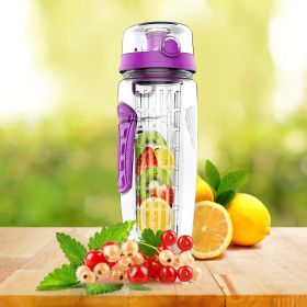 Fruit Infuser Water Bottle 32OZ Juice Shaker Sport w/ Flip Top Lid Anti-Slip Grips (Color: purple)