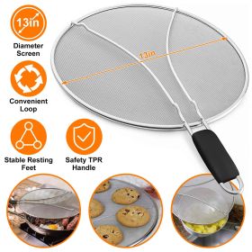 Grease Splatter Screen 13in Stainless Steel Fine Mesh Splash Mesh Shield Hot Oil Stopper (Color: Silver)