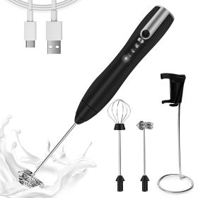 Homasy Rechargeable Handheld Milk Frother 3-Speed Powerful Beverage Blender with 2 Whisk Heads Stand Included Milk Frother (Color: Black)