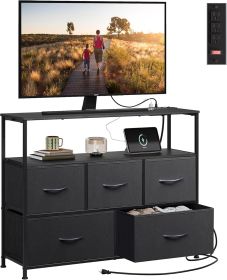 Coloured bedroom dresser with 5 fabric drawers, entertainment center with open shelves and 45" TV power outlets, vanity TV cabinet with closet storage (Four: black)