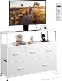 Coloured bedroom dresser with 5 fabric drawers, entertainment center with open shelves and 45" TV power outlets, vanity TV cabinet with closet storage (Four: white)