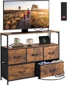 Coloured bedroom dresser with 5 fabric drawers, entertainment center with open shelves and 45" TV power outlets, vanity TV cabinet with closet storage (Four: Wood grain color)